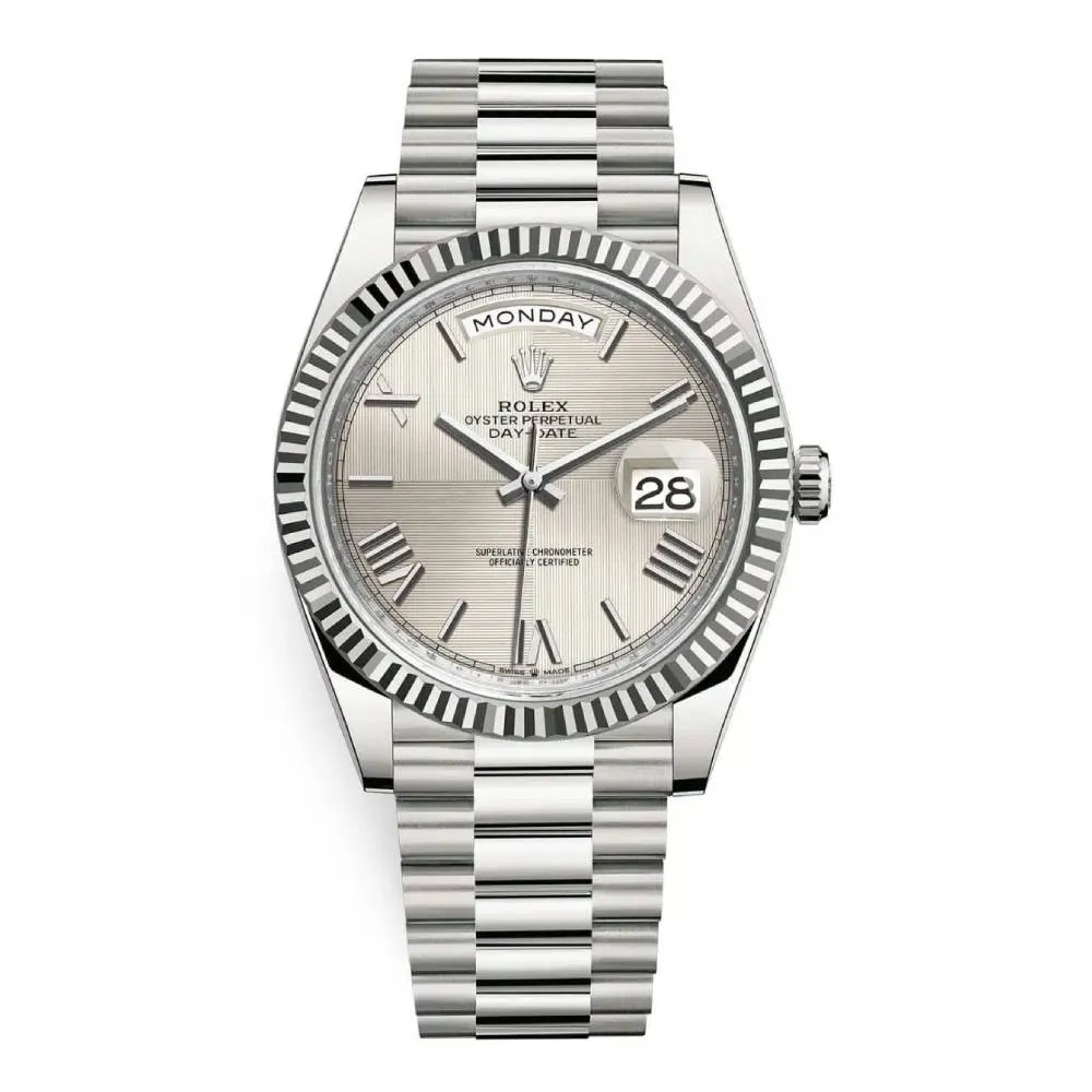 Rolex Day Date 40mm - Ref: 228239-0006 - Silver Quadrant Motif Roman Dial & Fluted Bezel, 18K White Gold President Bracelet Men's Watch