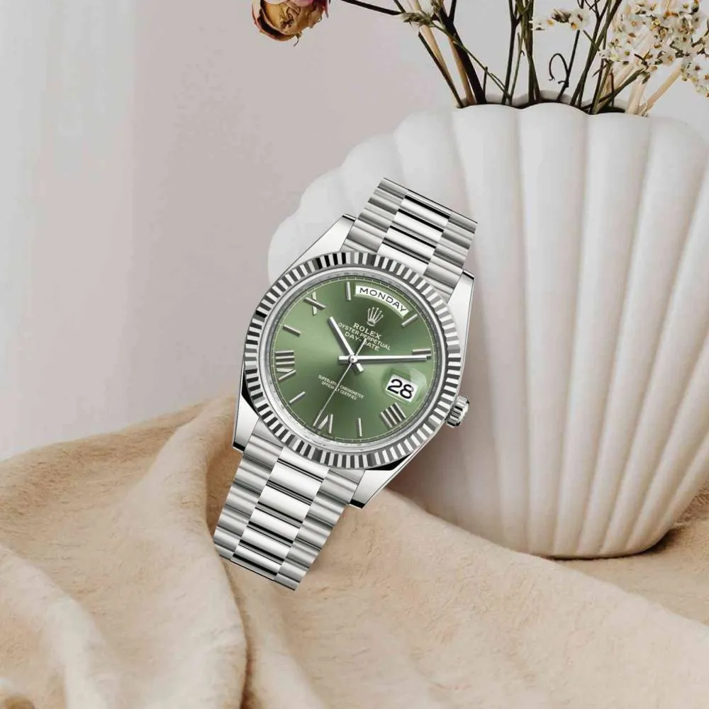Rolex Day Date 40mm - Ref: 228239-0033 - Olive Green Roman Dial, 18K White Gold President Bracelet Men's Watch