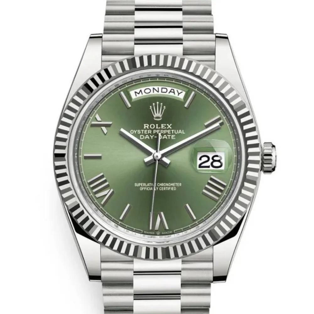 Rolex Day Date 40mm - Ref: 228239-0033 - Olive Green Roman Dial, 18K White Gold President Bracelet Men's Watch