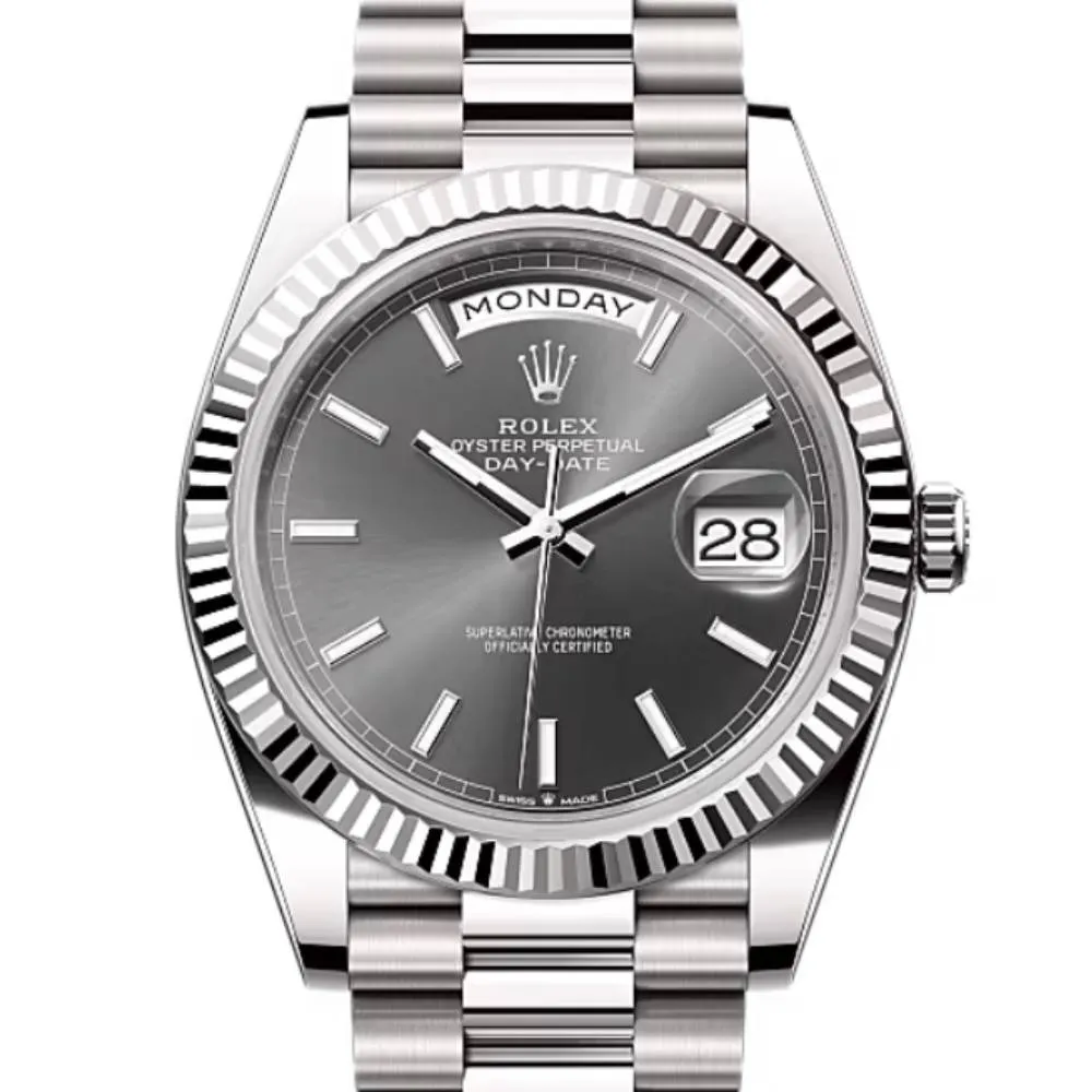Rolex Day Date 40mm - Ref: 228239-0060 - Slate Grey Stick Dial & Fluted Bezel, 18K White Gold President Bracelet Men's Watch