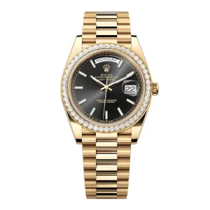 Rolex Day Date 40mm - Ref: 228348RBR - Black Stick Dial & Diamond Bezel, 18K Yellow Gold President Bracelet Men's Watch