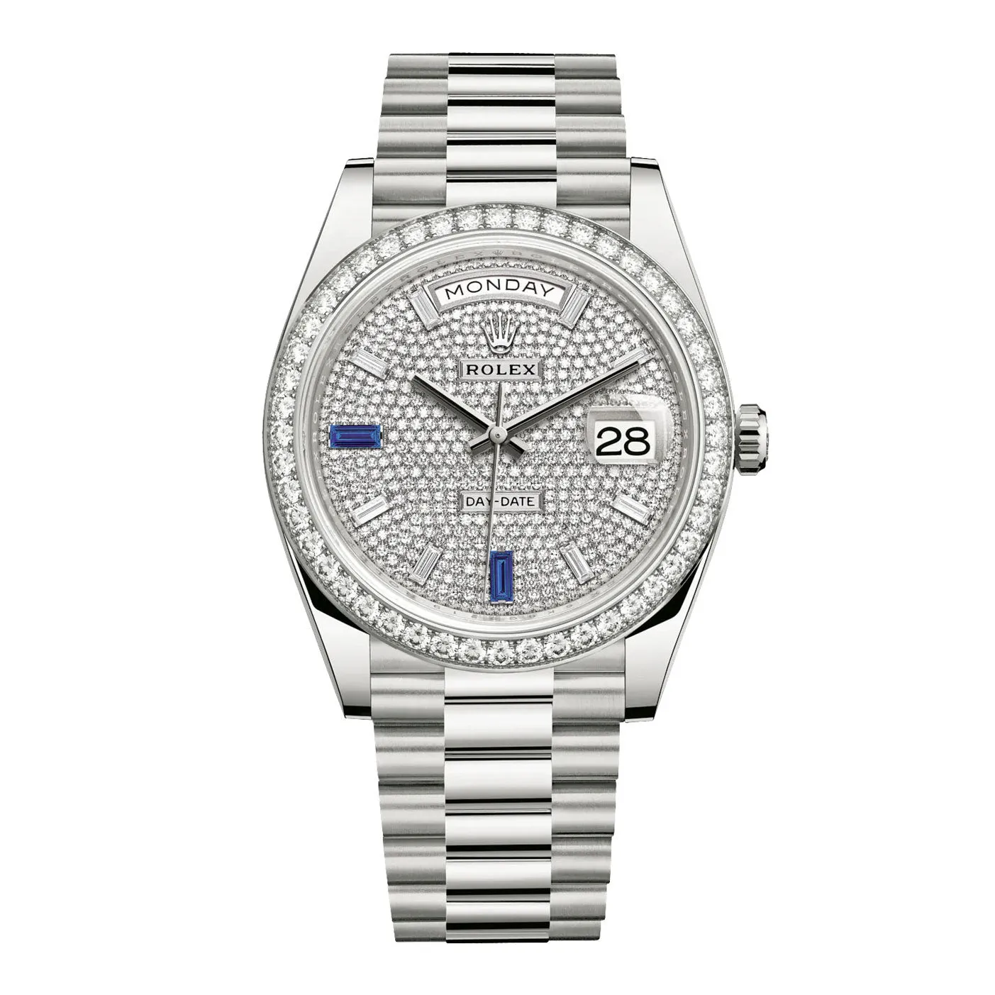 Rolex Day Date 40mm - Ref: 228349rbr-0036 - Pave Diamond / Sapphire Dial & Diamond Bezel, 18K White Gold President Bracelet Men's Watch