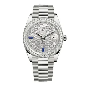 Rolex Day Date 40mm - Ref: 228349rbr-0036 - Pave Diamond / Sapphire Dial & Diamond Bezel, 18K White Gold President Bracelet Men's Watch