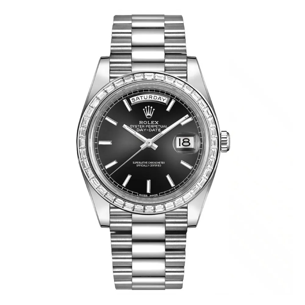 Rolex Day Date 40mm - Ref: 228396tbr-0024 - Black Stick Dial & Diamond Bezel, Platinum President Bracelet Men's Watch