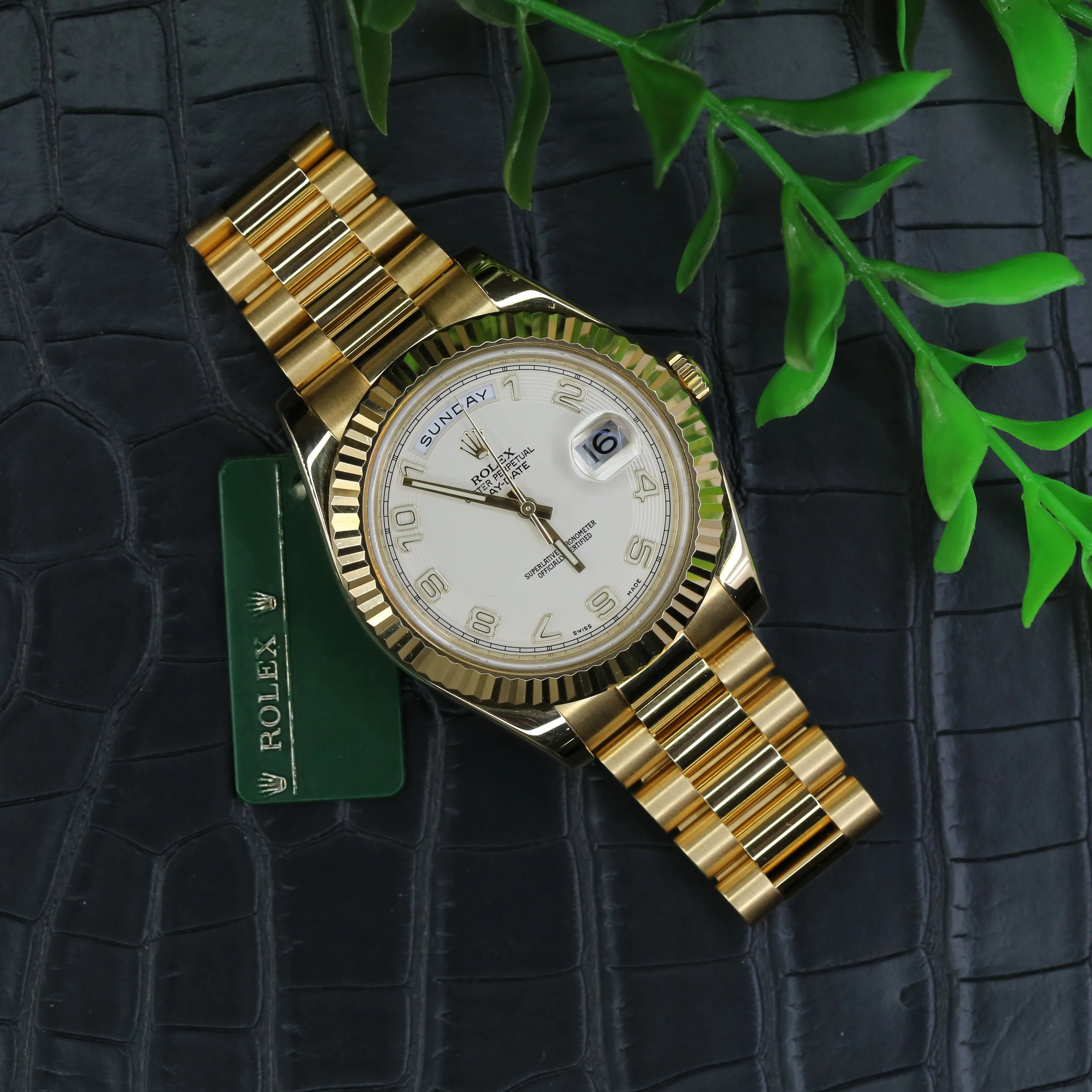 Rolex Day Date II 41mm - Ref: 218238 - Ivory Concentric Roman Dial & Fluted Bezel, 18K Yellow Gold President Bracelet Men's Watch
