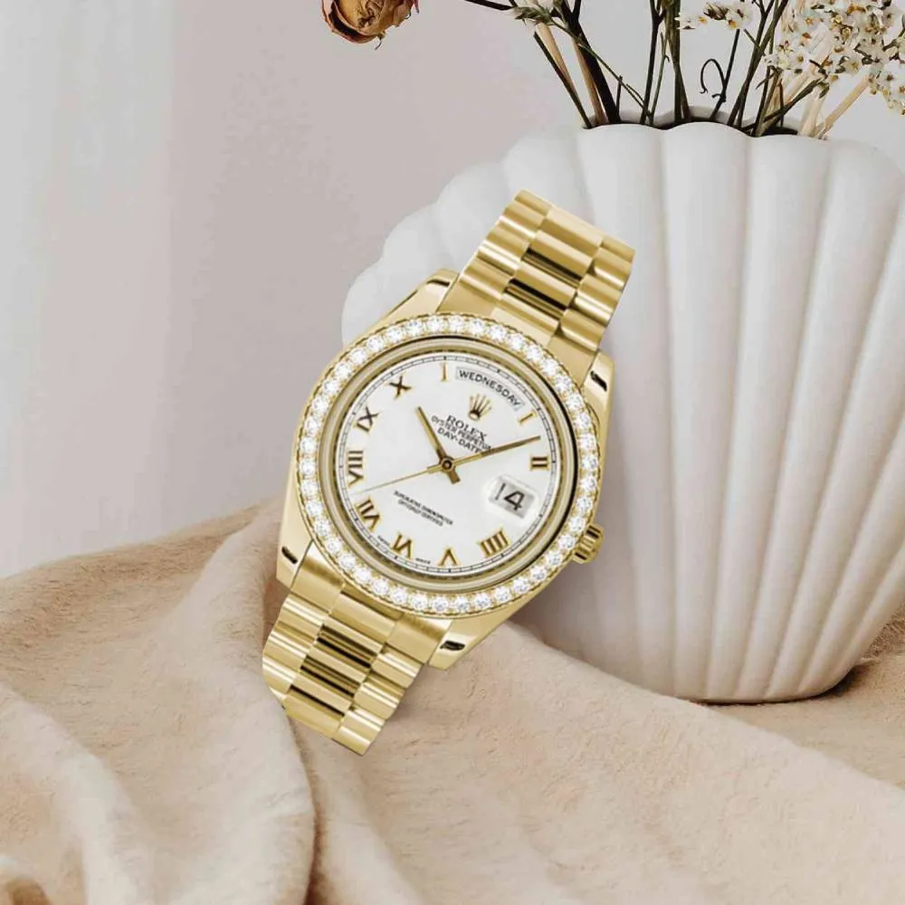 Rolex Day Date II 41mm - Ref: 218348 wrp - White Roman Dial & Diamond Bezel, 18K Yellow Gold President Bracelet Men's Watch