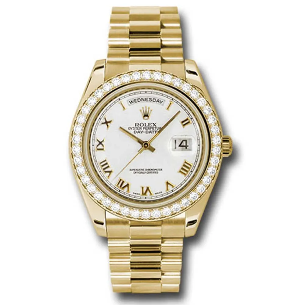 Rolex Day Date II 41mm - Ref: 218348 wrp - White Roman Dial & Diamond Bezel, 18K Yellow Gold President Bracelet Men's Watch