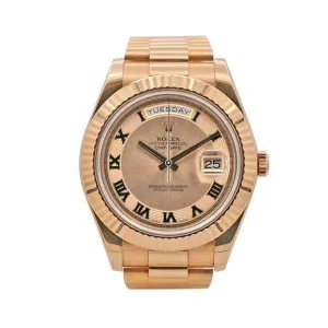 Rolex Day Date II 41mm - Ref: ROL-200000 - Champagne Concentric Roman Dial & Fluted Bezel, 18K Rose Gold President Bracelet Men's Watch