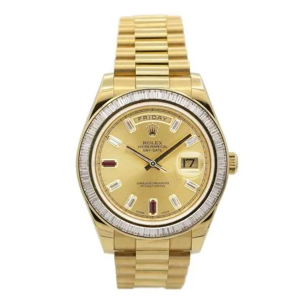 Rolex Day Date II 41mm - Ref: ROL-425000 - Champagne Diamond / Ruby Dial & Diamond Bezel, 18K Yellow Gold President Bracelet Men's Watch