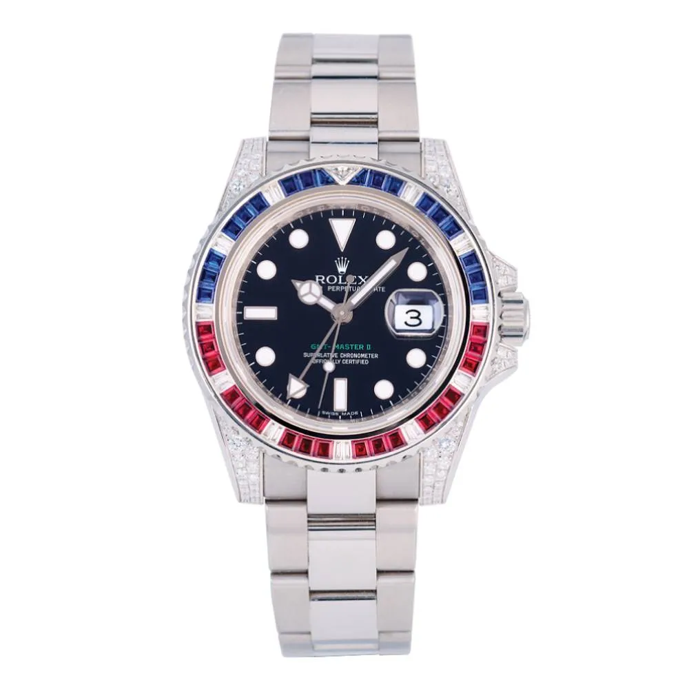 Rolex GMT-Master II 40mm - Ref: 116759SARU - Black Dial, Diamond Ruby Sapphire Bezel, Diamond Case, 18K White Gold Oyster Bracelet Men's Watch