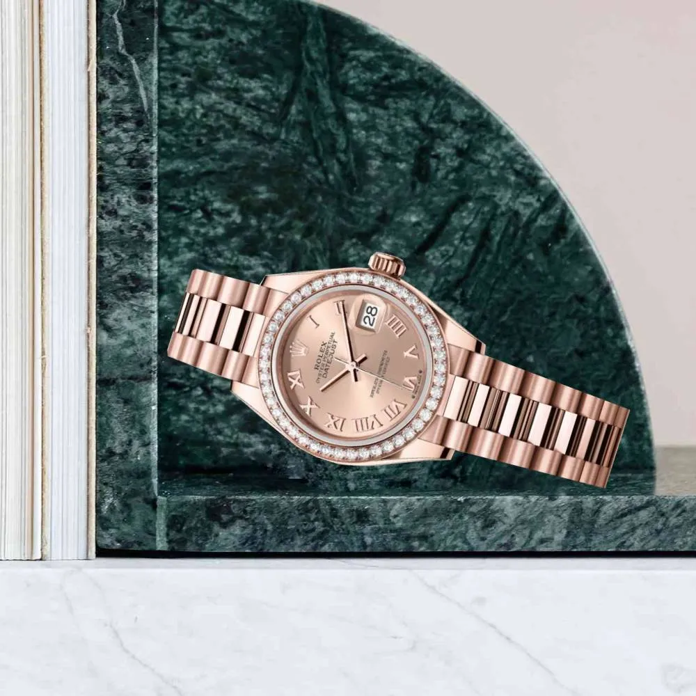 Rolex Lady Datejust 28mm - Ref: 279135rbr-0027 - Rose Dial & Diamond Bezel, 18K Rose Gold President Bracelet Women's Watch