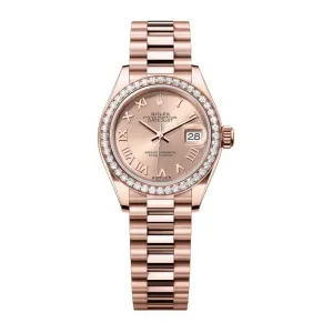 Rolex Lady Datejust 28mm - Ref: 279135rbr-0027 - Rose Dial & Diamond Bezel, 18K Rose Gold President Bracelet Women's Watch