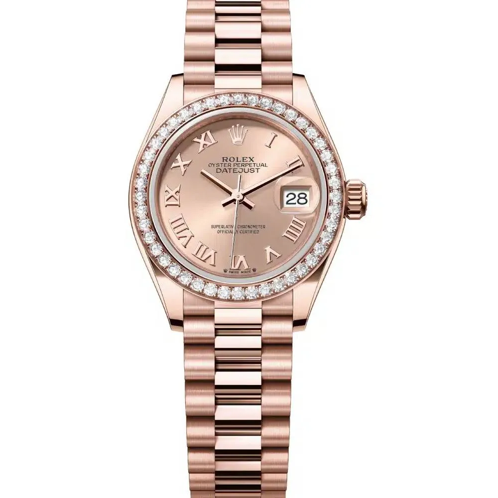 Rolex Lady Datejust 28mm - Ref: 279135rbr-0027 - Rose Dial & Diamond Bezel, 18K Rose Gold President Bracelet Women's Watch