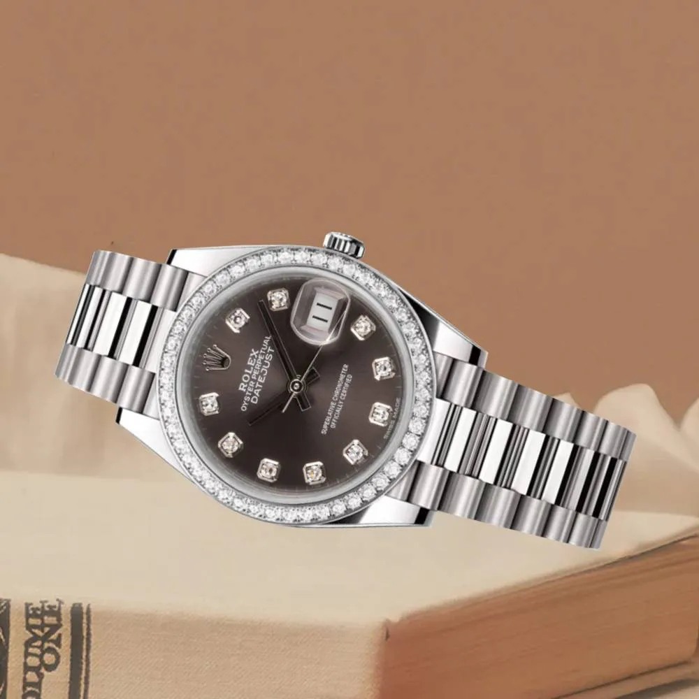 Rolex Lady-Datejust 28mm - Ref: 279136RBR dkgdp - Grey Diamond Dial & Diamond Bezel, Platinum Presidential Bracelet Women's Watch