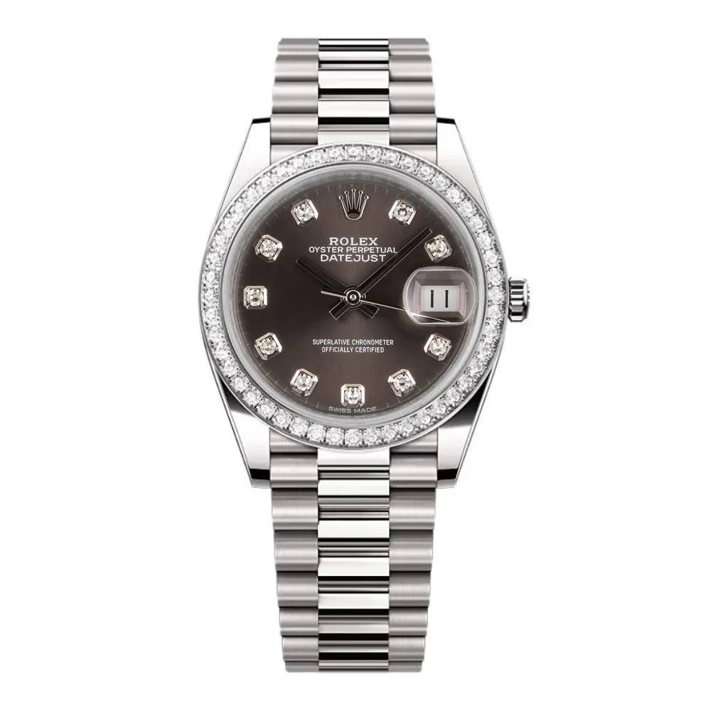 Rolex Lady-Datejust 28mm - Ref: 279136RBR dkgdp - Grey Diamond Dial & Diamond Bezel, Platinum Presidential Bracelet Women's Watch