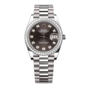 Rolex Lady-Datejust 28mm - Ref: 279136RBR dkgdp - Grey Diamond Dial & Diamond Bezel, Platinum Presidential Bracelet Women's Watch