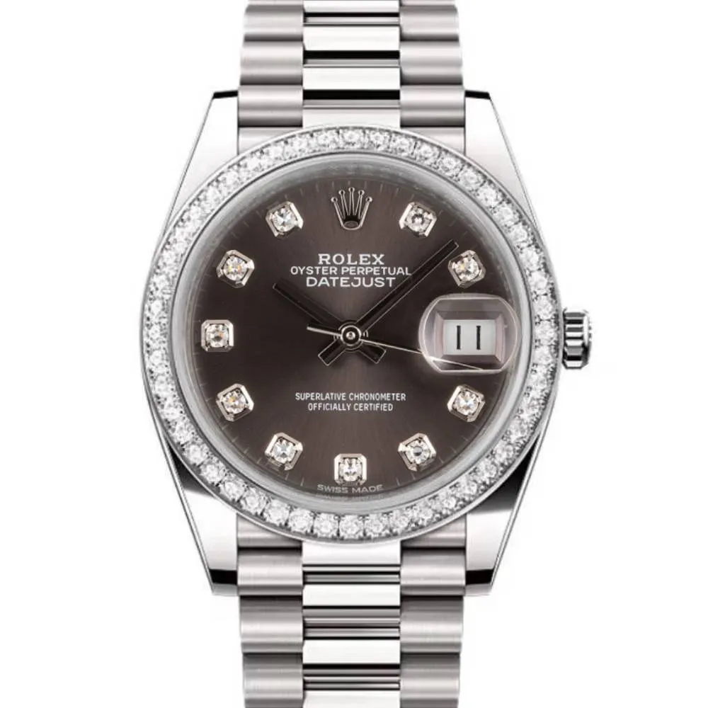 Rolex Lady-Datejust 28mm - Ref: 279136RBR dkgdp - Grey Diamond Dial & Diamond Bezel, Platinum Presidential Bracelet Women's Watch