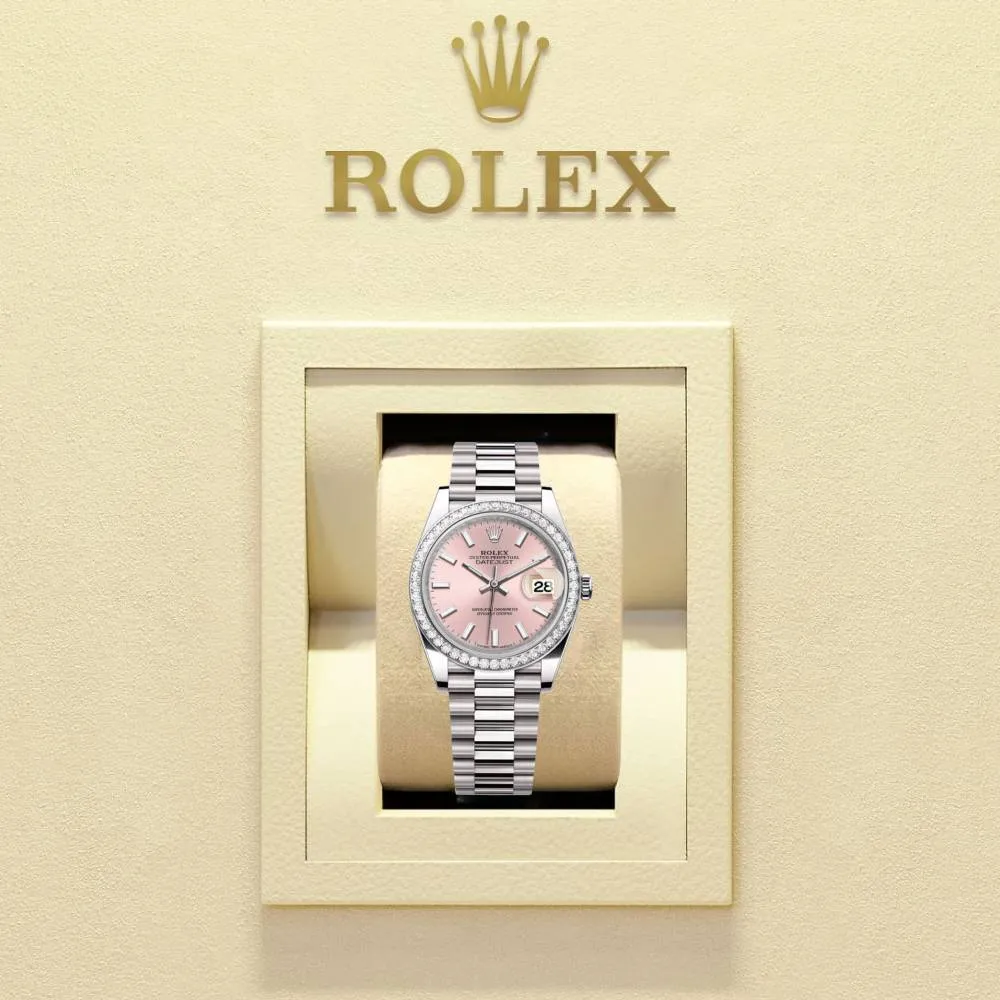 Rolex Lady-Datejust 28mm - Ref: 279136RBR pip - Pink Stick Dial & Diamond Bezel, Platinum Presidential Bracelet Women's Watch