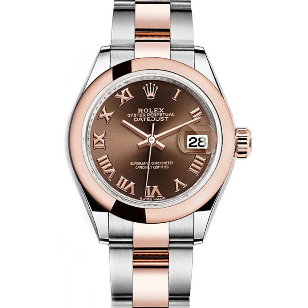Rolex Lady-Datejust 28mm - Ref: 279161-0010 - Chocolate Roman Dial, Two Tone Stainless Steel & 18K Rose Gold Oyster Bracelet Women's Watch