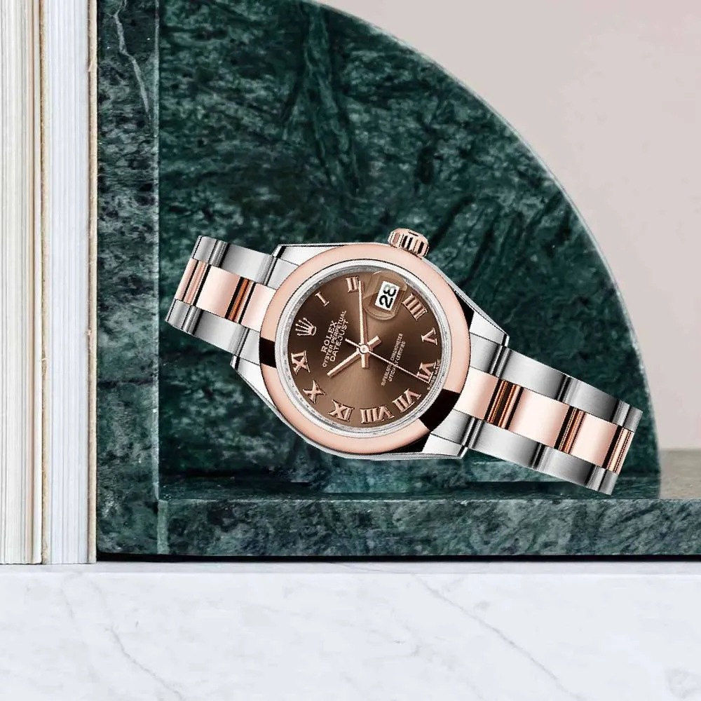 Rolex Lady-Datejust 28mm - Ref: 279161-0010 - Chocolate Roman Dial, Two Tone Stainless Steel & 18K Rose Gold Oyster Bracelet Women's Watch