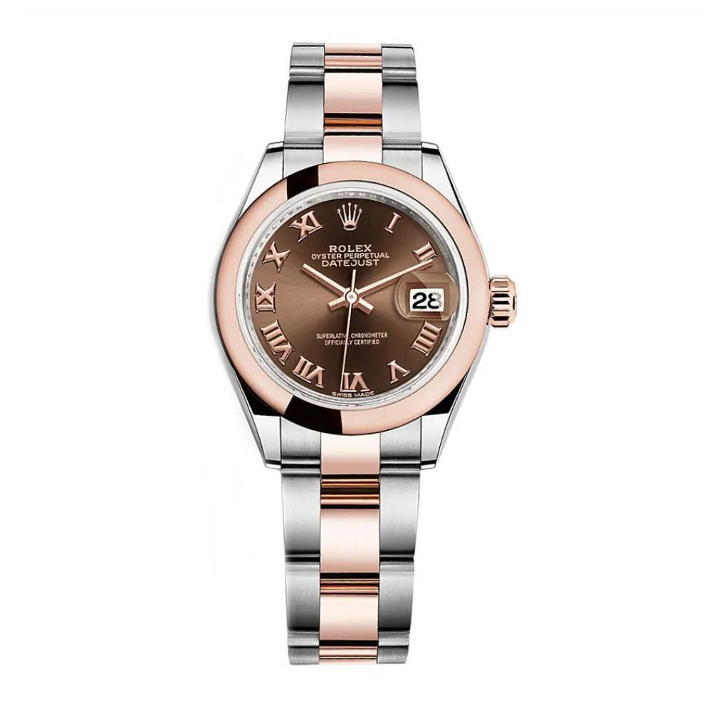 Rolex Lady-Datejust 28mm - Ref: 279161-0010 - Chocolate Roman Dial, Two Tone Stainless Steel & 18K Rose Gold Oyster Bracelet Women's Watch