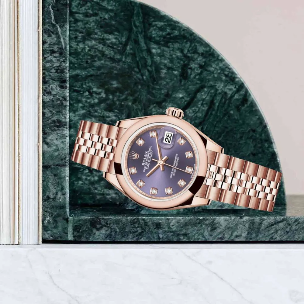Rolex Lady Datejust 28mm - Ref: 279165-0020 - Aubergine Purple Dial, 18K Rose Gold Jubilee Bracelet Women's Watch