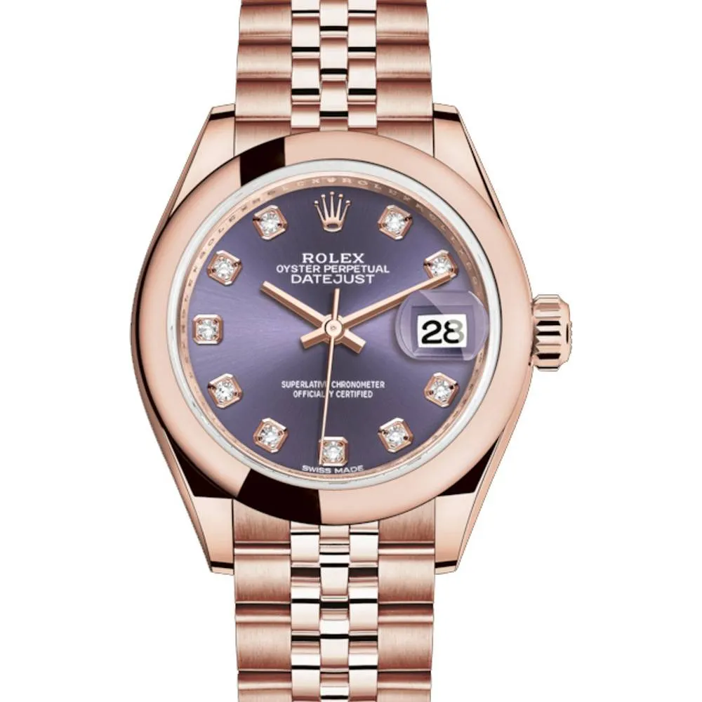 Rolex Lady Datejust 28mm - Ref: 279165-0020 - Aubergine Purple Dial, 18K Rose Gold Jubilee Bracelet Women's Watch