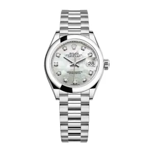 Rolex Lady-Datejust 28mm - Ref: 279166-0008 - White Mother of Pearl Diamond Dial, Platinum President Bracelet Women's Watch