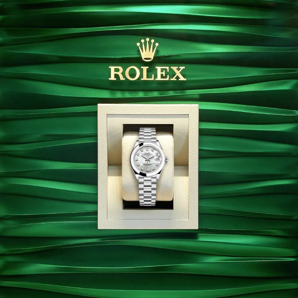 Rolex Lady-Datejust 28mm - Ref: 279166-0008 - White Mother of Pearl Diamond Dial, Platinum President Bracelet Women's Watch