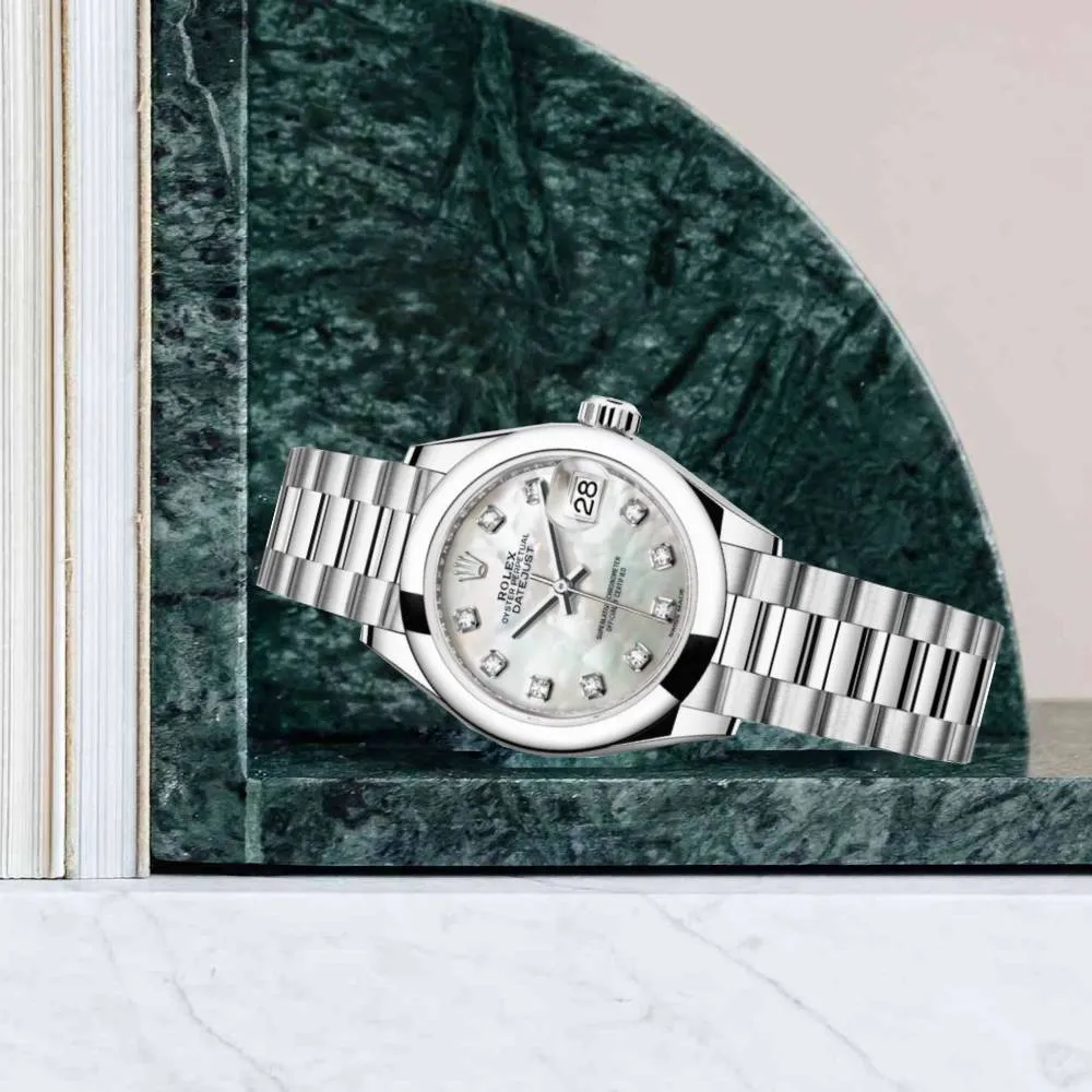 Rolex Lady-Datejust 28mm - Ref: 279166-0008 - White Mother of Pearl Diamond Dial, Platinum President Bracelet Women's Watch