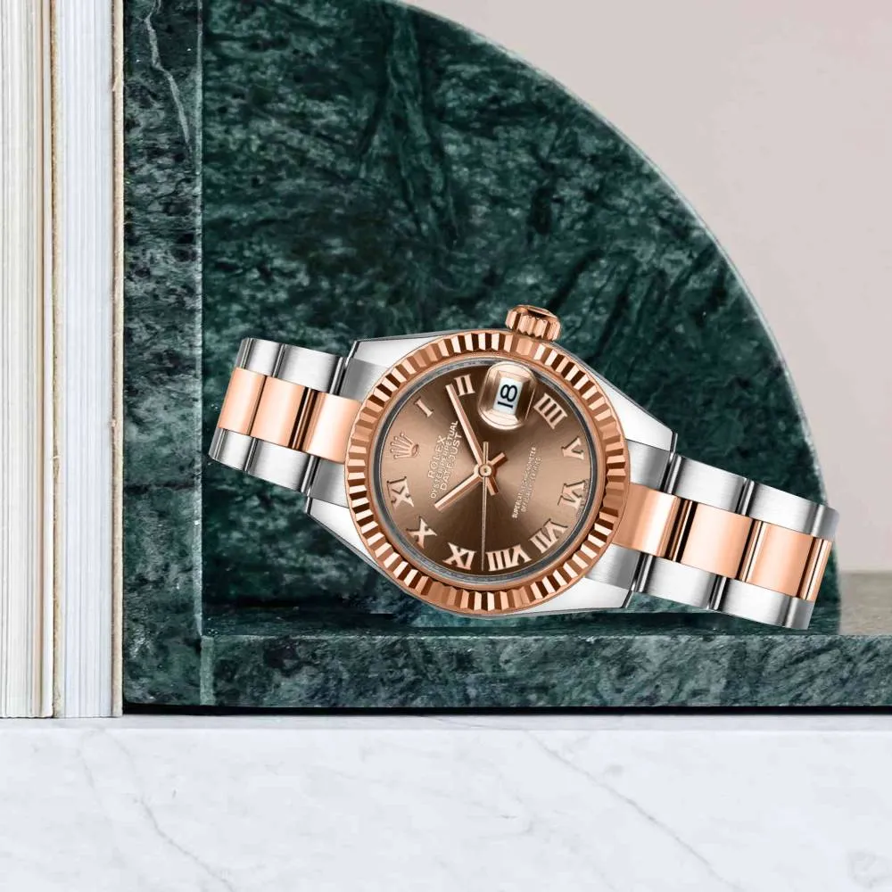 Rolex Lady-Datejust 28mm - Ref: 279171-0010 - Chocolate Roman Dial, Two Tone Stainless Steel & 18K Rose Gold Oyster Bracelet Women's Watch