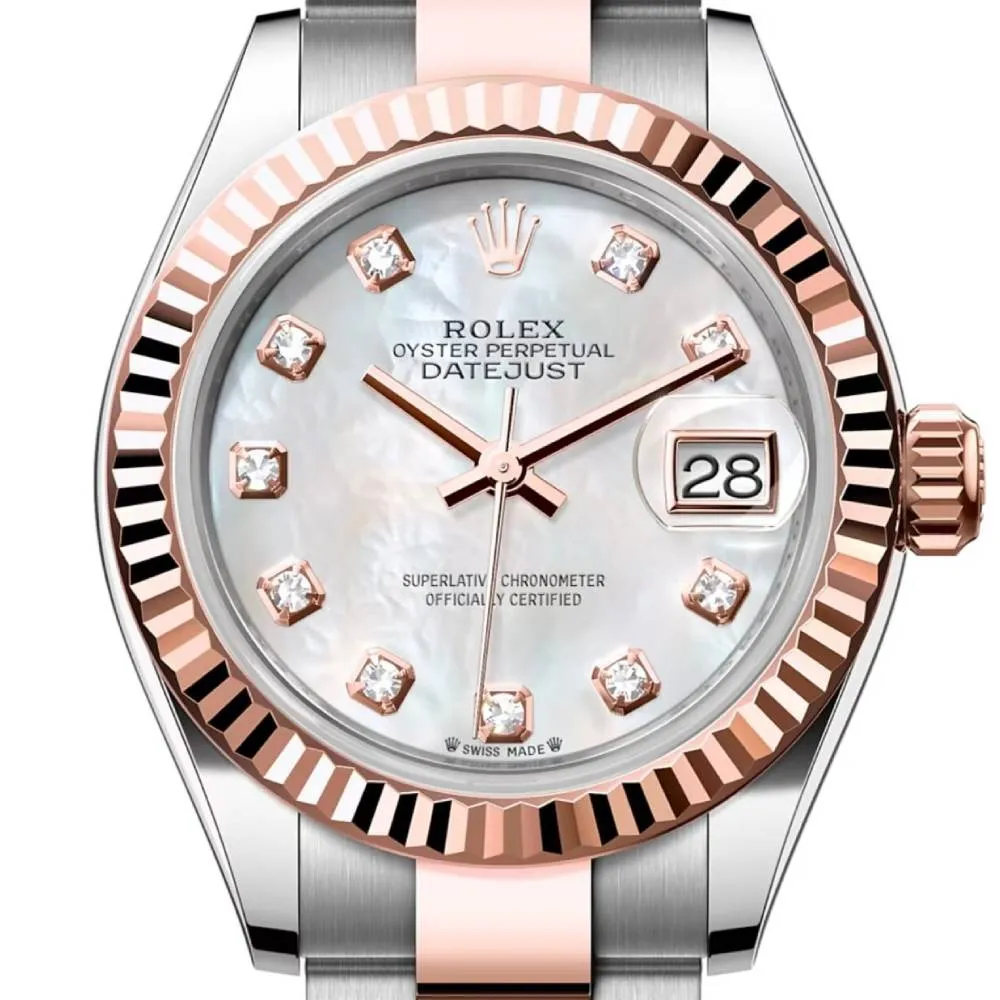 Rolex Lady-Datejust 28mm - Ref: 279171-0014 - White Mother of Pearl Diamond Dial, Two Tone Stainless Steel & 18K Rose Gold Oyster Bracelet Women's Watch