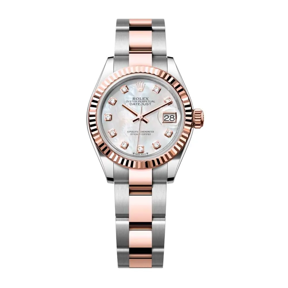 Rolex Lady-Datejust 28mm - Ref: 279171-0014 - White Mother of Pearl Diamond Dial, Two Tone Stainless Steel & 18K Rose Gold Oyster Bracelet Women's Watch