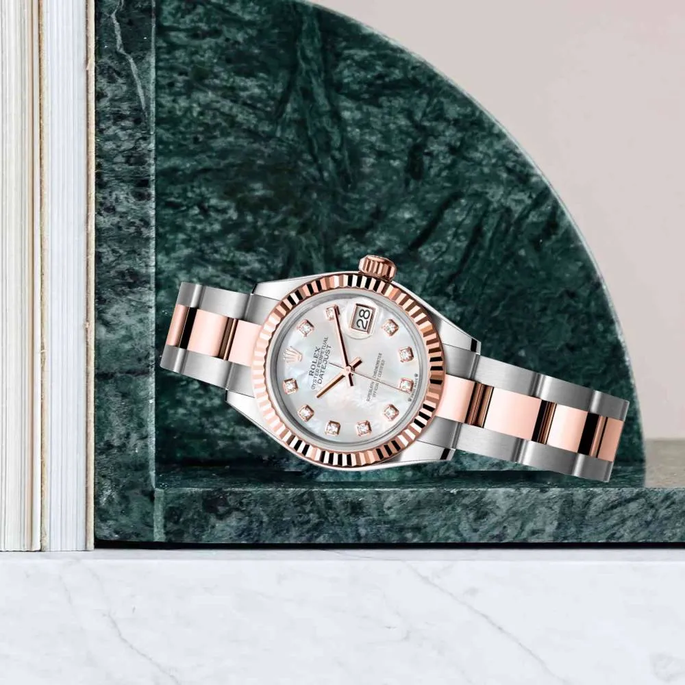 Rolex Lady-Datejust 28mm - Ref: 279171-0014 - White Mother of Pearl Diamond Dial, Two Tone Stainless Steel & 18K Rose Gold Oyster Bracelet Women's Watch