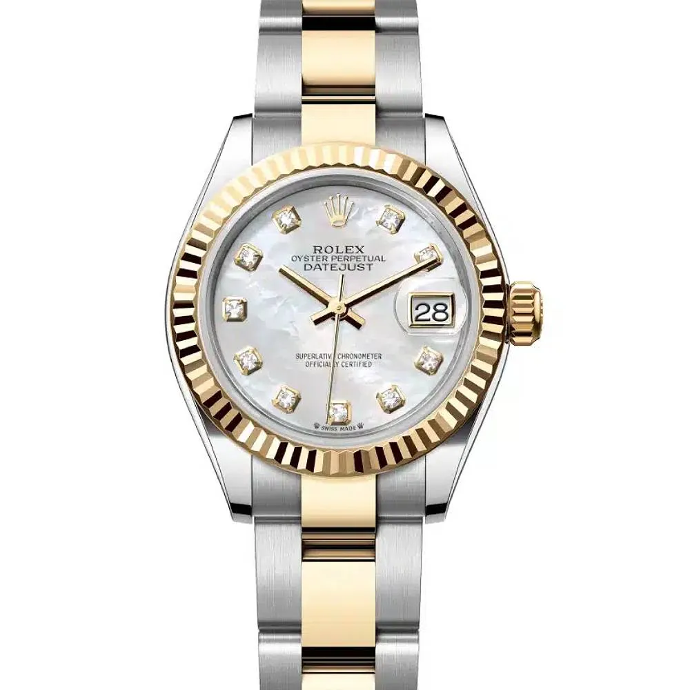 Rolex Lady-Datejust 28mm - Ref: 279173-0014 - White Mother of Pearl Diamond Dial, Two Tone Stainless Steel & 18K Yellow Gold Oyster Bracelet Women's Watch