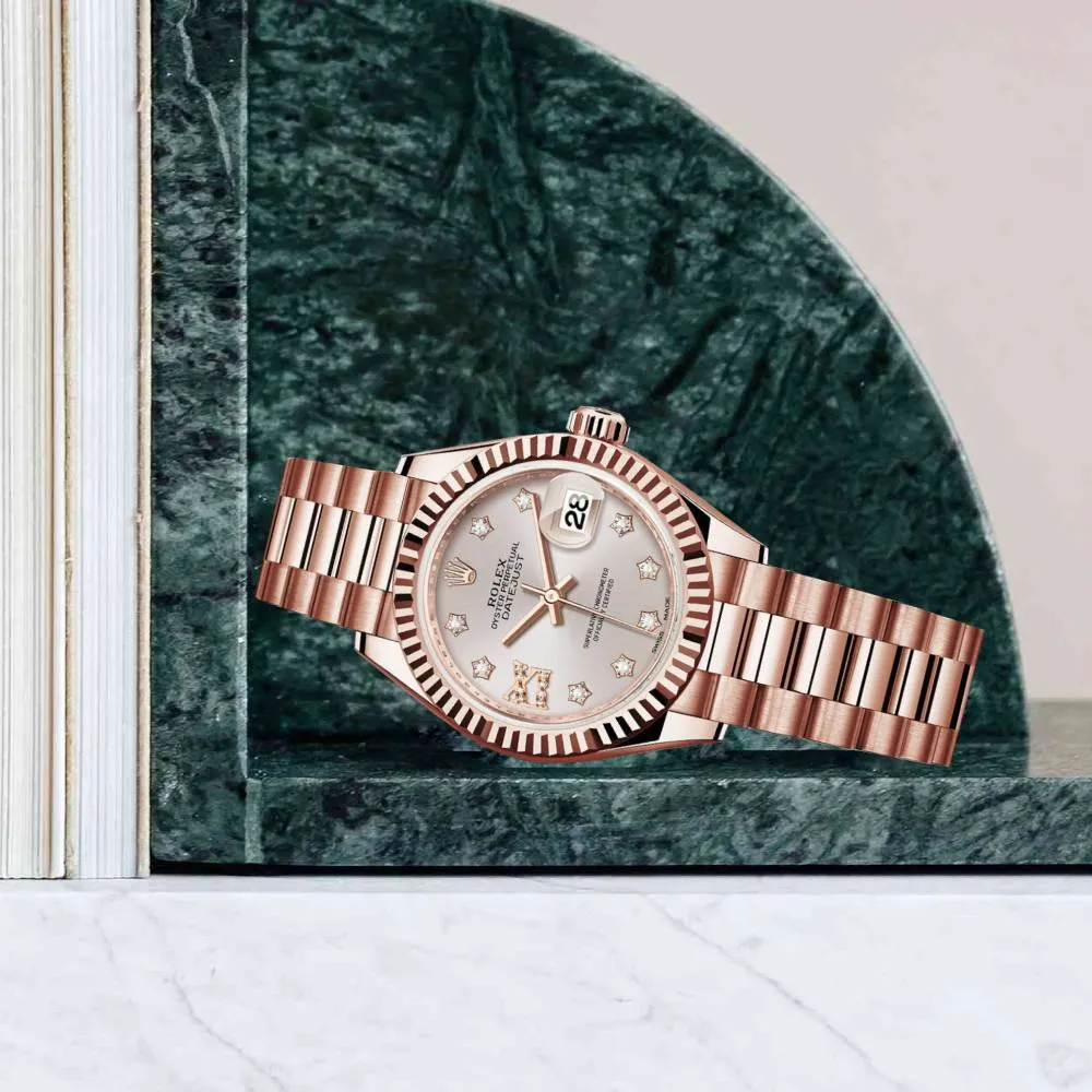 Rolex Lady-Datejust 28mm - Ref: 279175-0005 - Sundust Diamond Dial, 18K Rose Gold President Bracelet Women's Watch