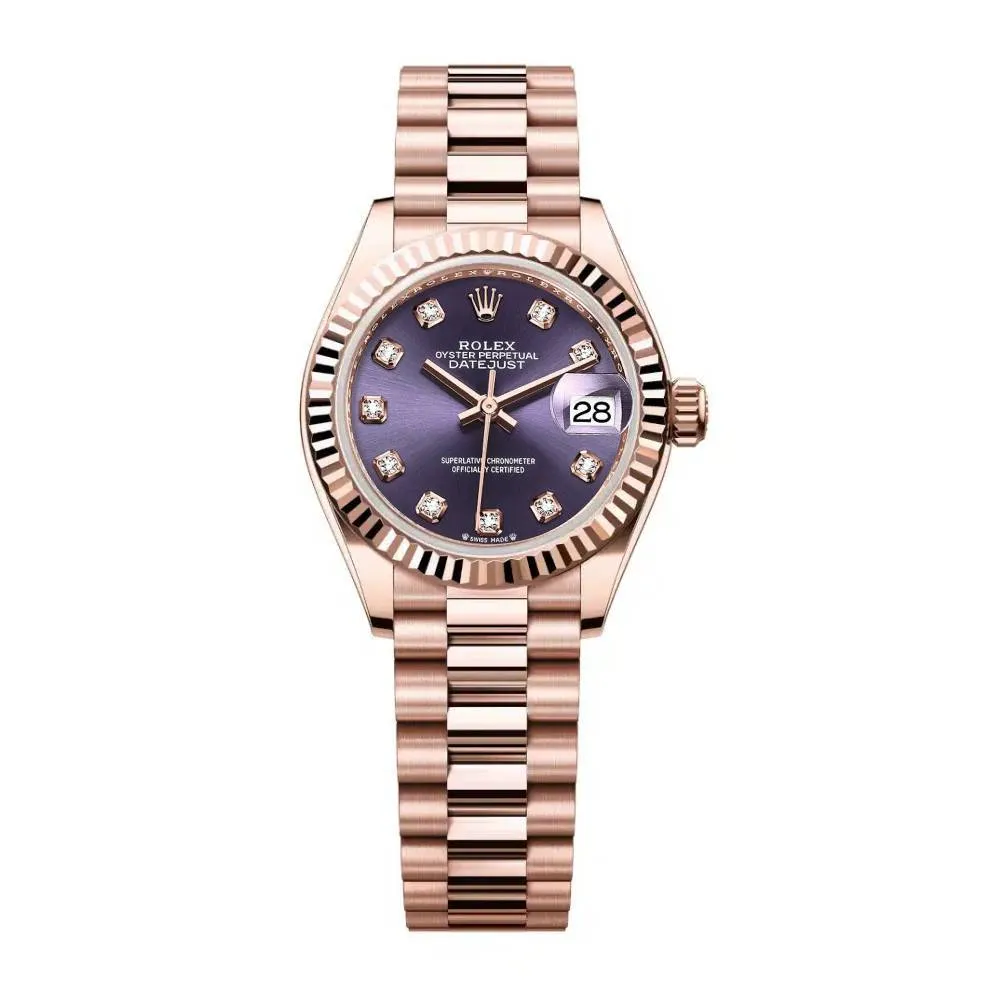 Rolex Lady Datejust 28mm - Ref: 279175-0019 - Aubergine Purple Diamond Dial, 18K Rose Gold President Bracelet Women's Watch