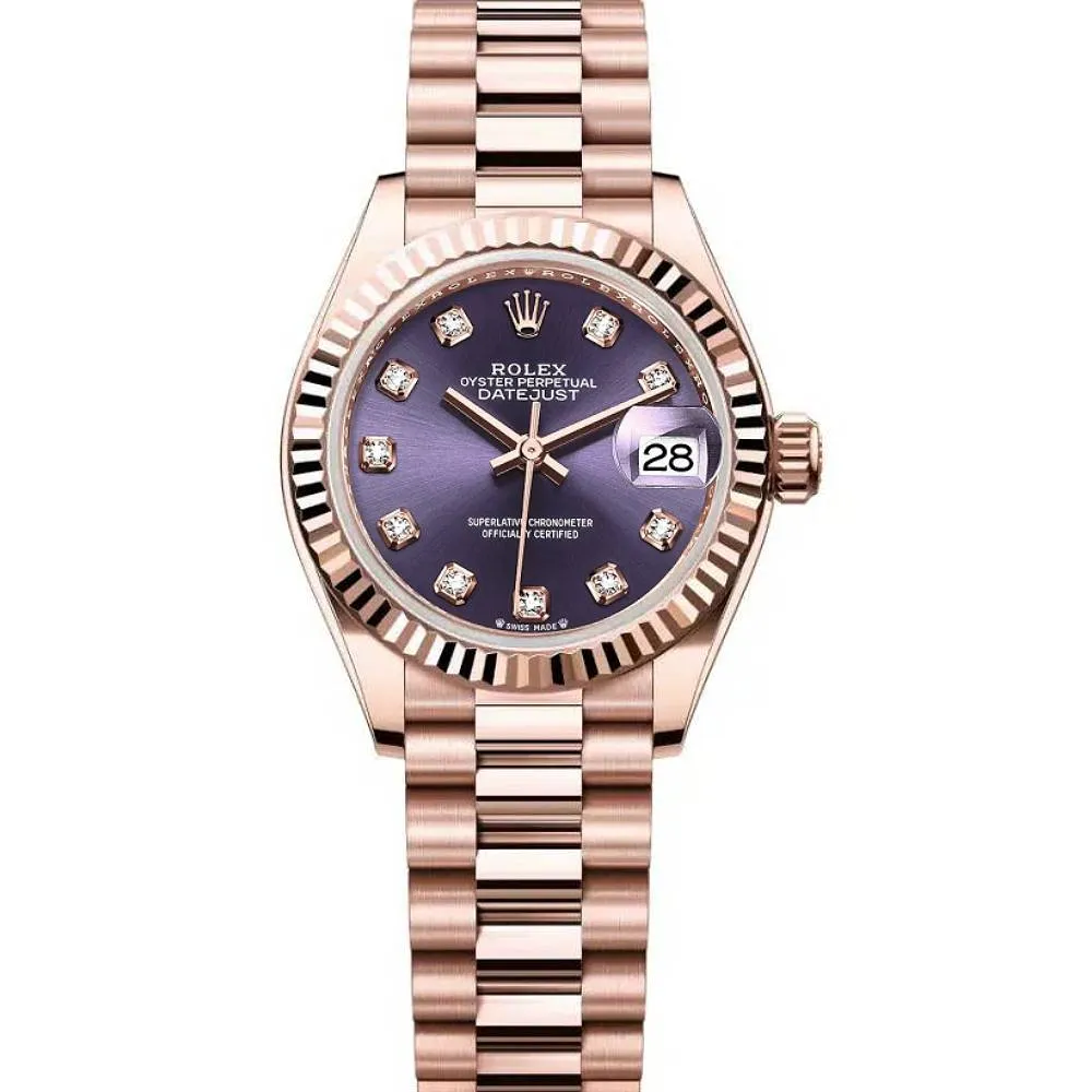 Rolex Lady Datejust 28mm - Ref: 279175-0019 - Aubergine Purple Diamond Dial, 18K Rose Gold President Bracelet Women's Watch