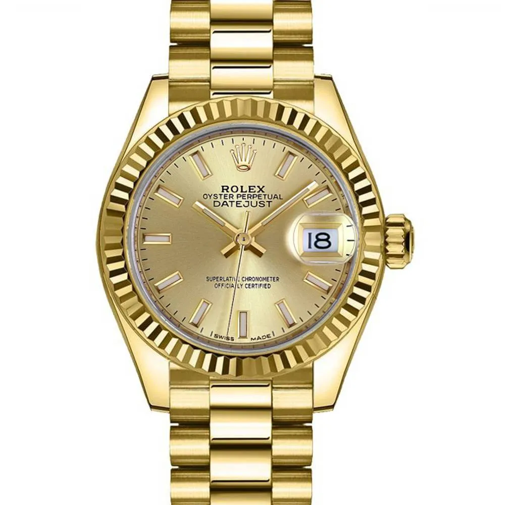 Rolex Lady Datejust 28mm - Ref: 279178-0001 - Champagne Dial, 18K Yellow Gold President Bracelet Women's Watch