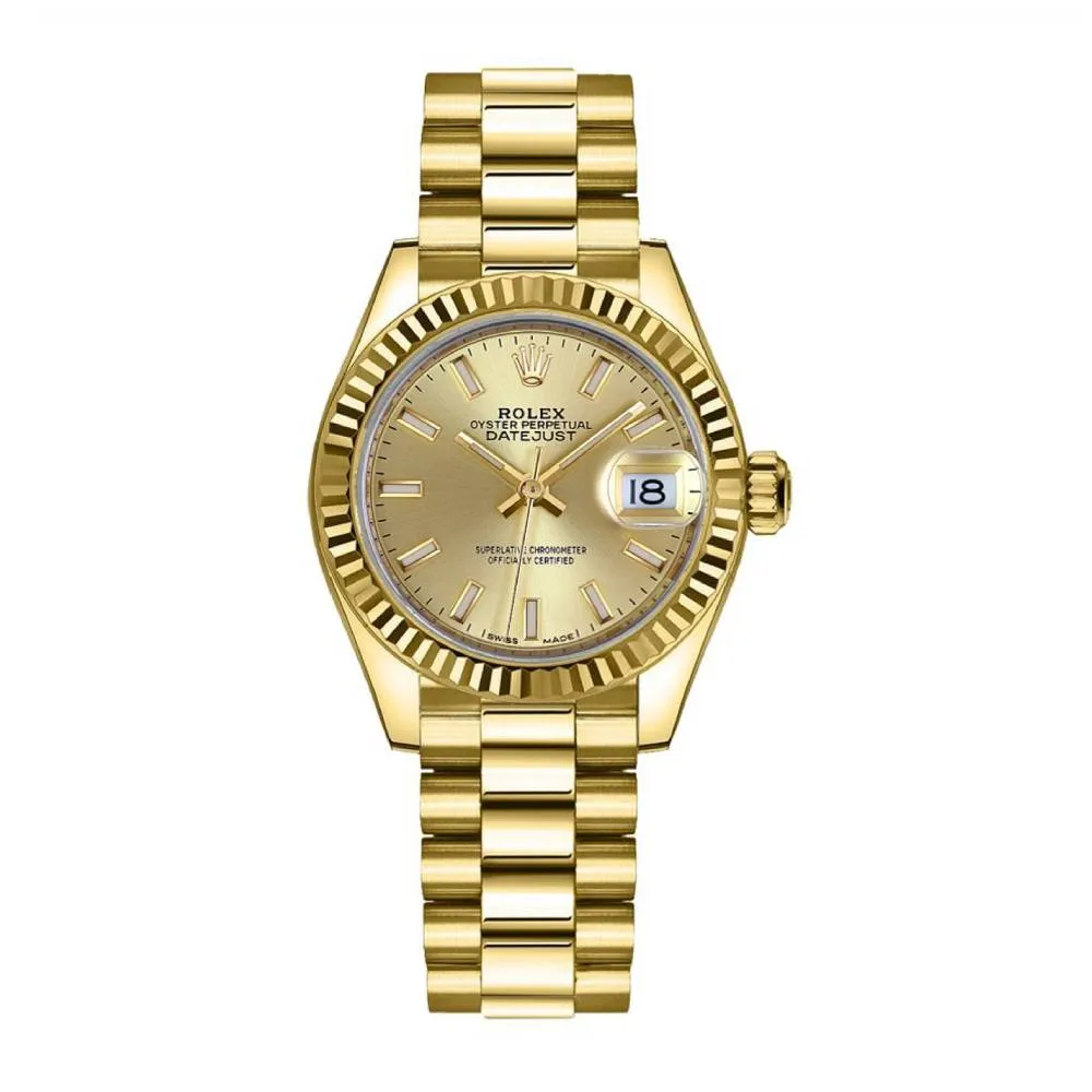 Rolex Lady Datejust 28mm - Ref: 279178-0001 - Champagne Dial, 18K Yellow Gold President Bracelet Women's Watch