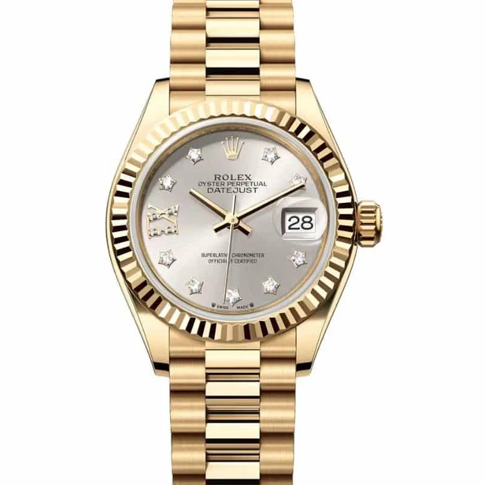 Rolex Lady-Datejust 28mm - Ref: 279178-0002 - Silver Diamond Dial, 18K Yellow Gold President Bracelet Women's Watch