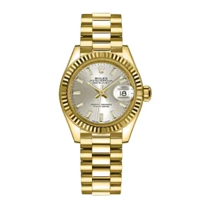 Rolex Lady-Datejust 28mm - Ref: 279178-0005 - Silver Stick Dial, 18K Yellow Gold President Bracelet Women's Watch