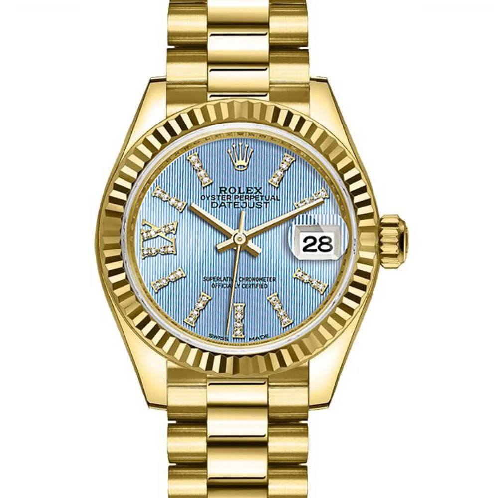 Rolex Lady-Datejust 28mm - Ref: 279178-0009 - Cornflower Blue  Diamond Dial, 18K Yellow Gold President Bracelet Women's Watch