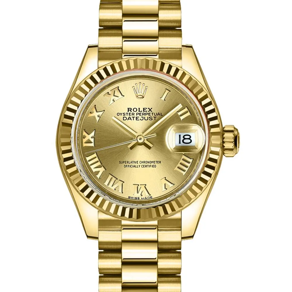 Rolex Lady Datejust 28mm - Ref: 279178-0022 - Champagne Dial, 18K Yellow Gold President Bracelet Women's Watch