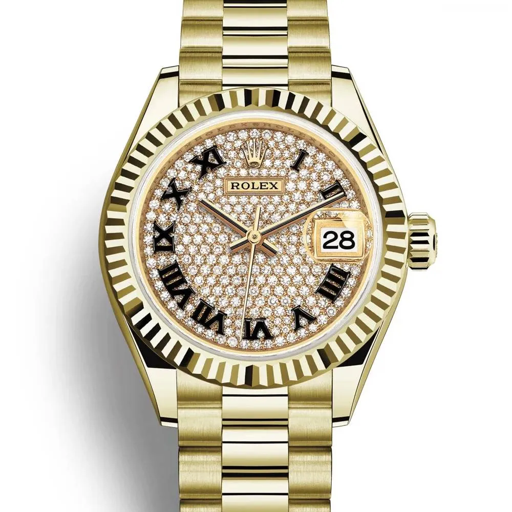 Rolex Lady Datejust 28mm - Ref: 279178-0031 - Diamond Pave Dial, 18K Yellow Gold President Bracelet Women's Watch
