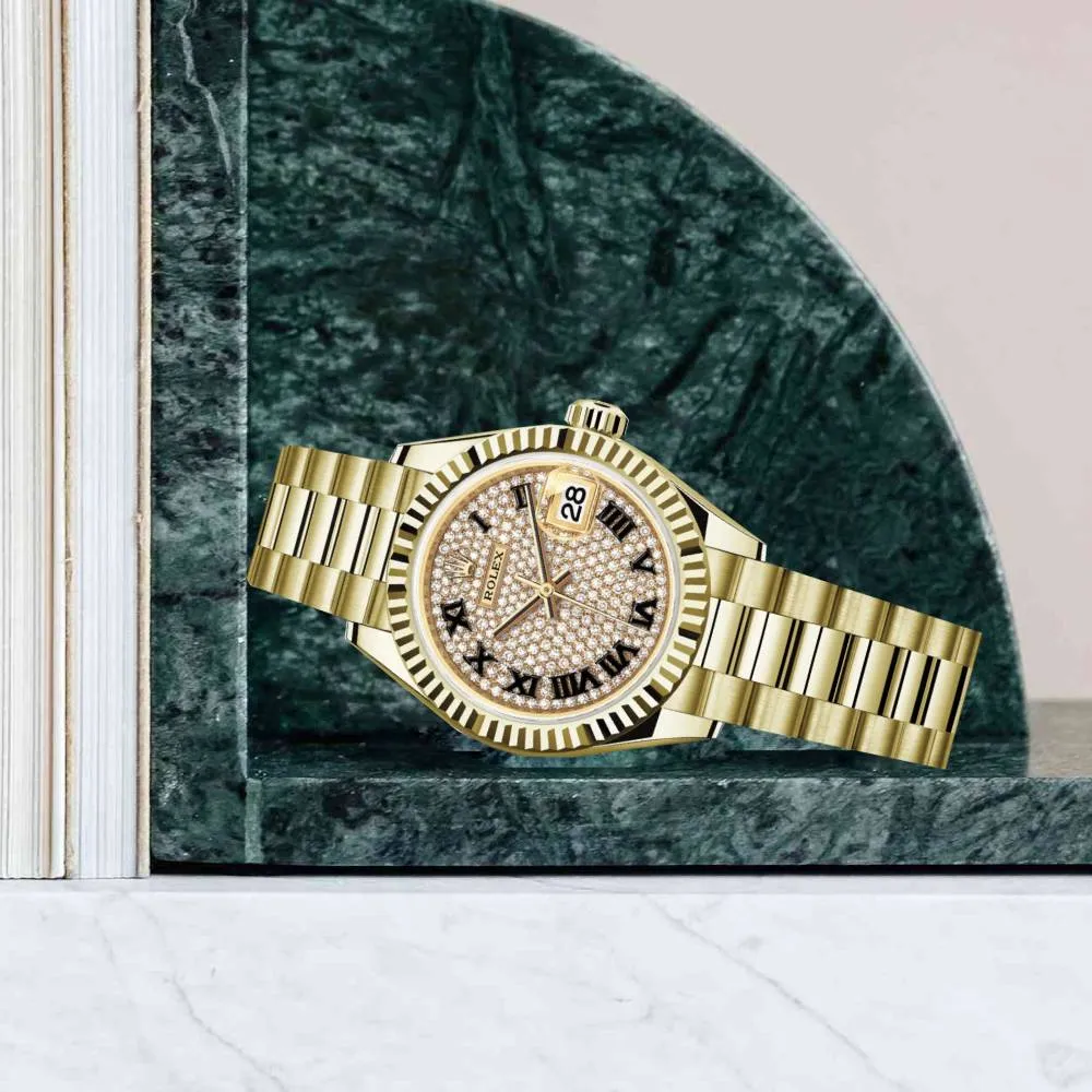Rolex Lady Datejust 28mm - Ref: 279178-0031 - Diamond Pave Dial, 18K Yellow Gold President Bracelet Women's Watch