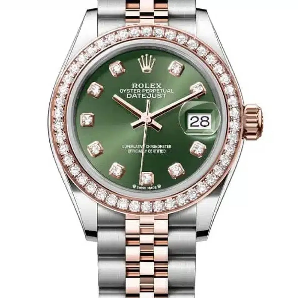 Rolex Lady-Datejust 28mm - Ref: 279381rbr-0007 - Olive Green Diamond Dial & Diamond Bezel, Two Tone Stainless Steel & 18K Rose Gold Jubilee Bracelet Women's Watch