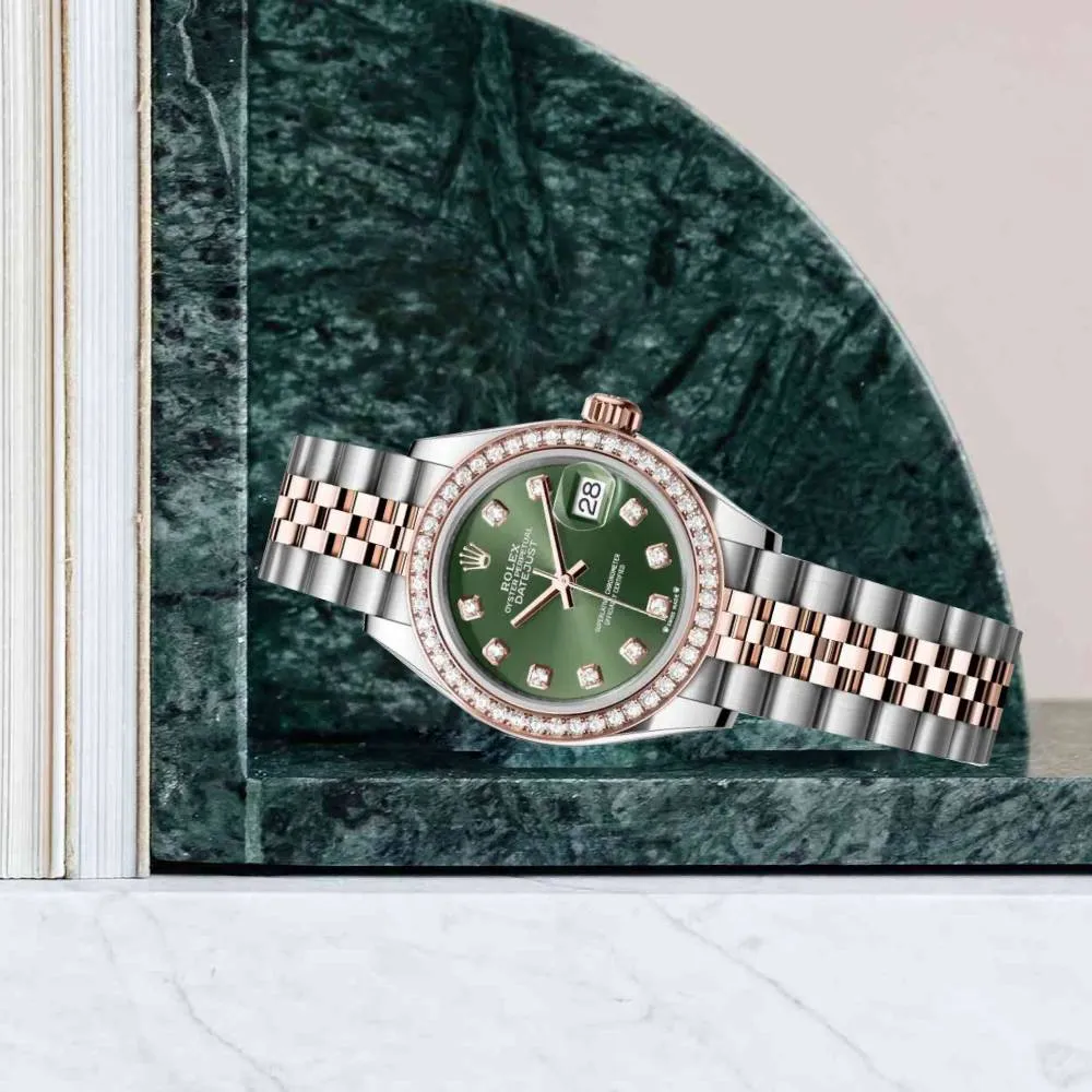 Rolex Lady-Datejust 28mm - Ref: 279381rbr-0007 - Olive Green Diamond Dial & Diamond Bezel, Two Tone Stainless Steel & 18K Rose Gold Jubilee Bracelet Women's Watch