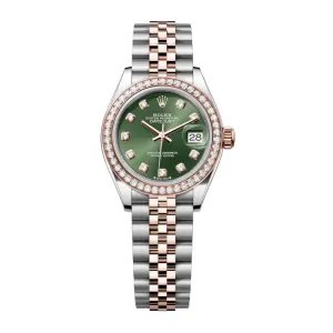 Rolex Lady-Datejust 28mm - Ref: 279381rbr-0007 - Olive Green Diamond Dial & Diamond Bezel, Two Tone Stainless Steel & 18K Rose Gold Jubilee Bracelet Women's Watch