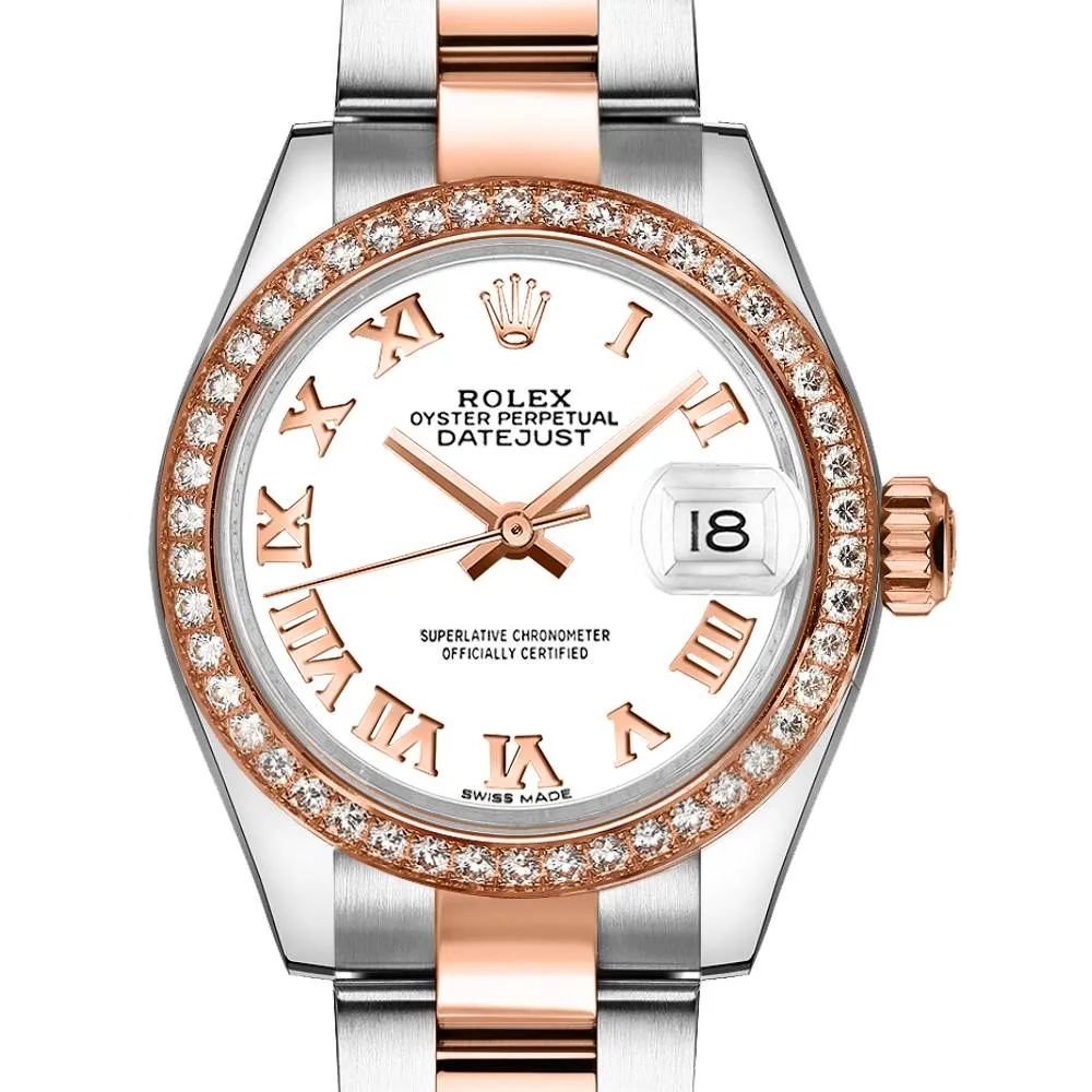Rolex Lady-Datejust 28mm - Ref: 279381rbr-0022 - White Roman Dial & Diamond Bezel, Two Tone Stainless Steel & 18K Rose Gold Oyster Bracelet Women's Watch